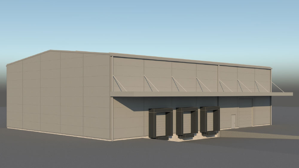 Eine 3D-Visualisierung einer Lagerhalle mit isolierten Paneelen.