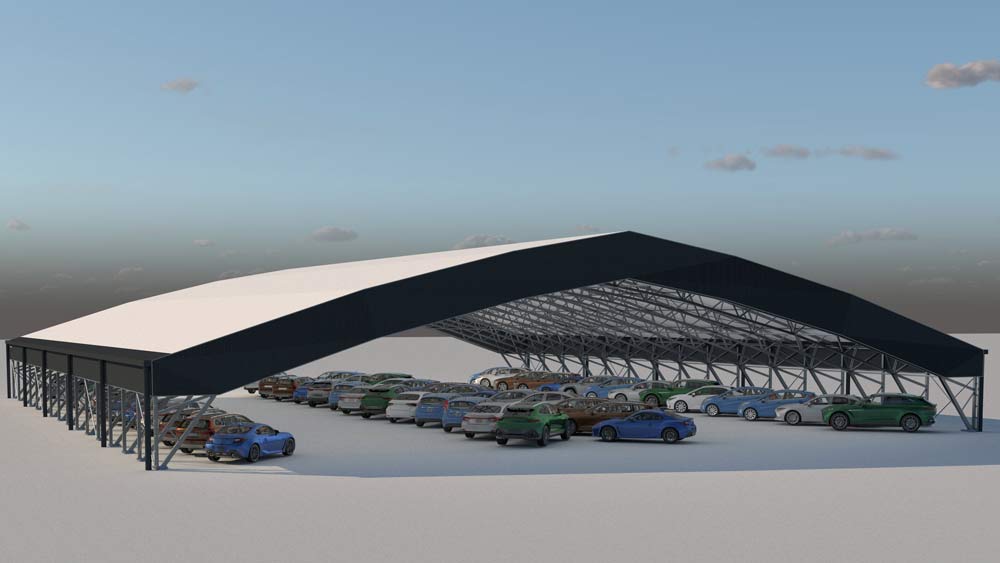 3D-Skizze einer Parkplatzüberdachung
