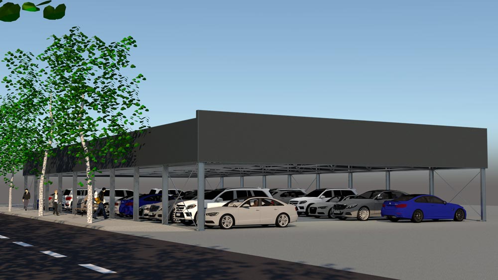 3D-Visualisierung eine Schwarzmann X® Zelthalle als Parkplatzüberdachung für Autohandler