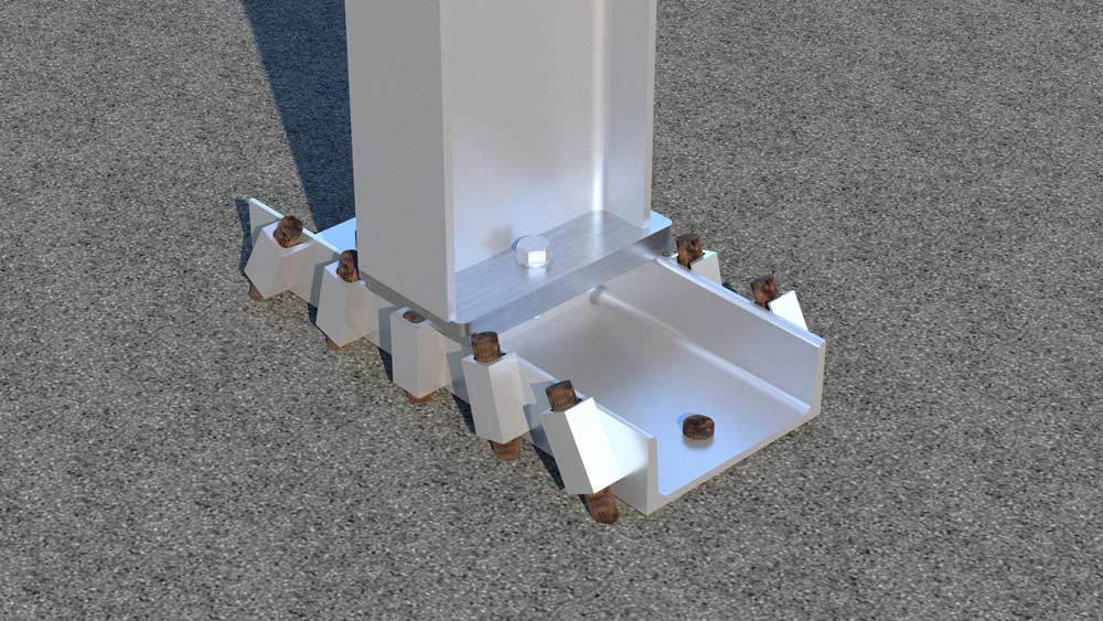 Zeichnung eines Metallfundaments mit Stahlankern für die Gründung eines Bauwerks auf einer Asphaltfläche