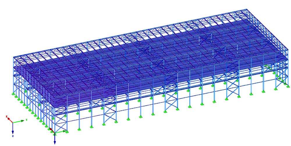 3D-Darstellung des statischen Modells einer Stahlhalle