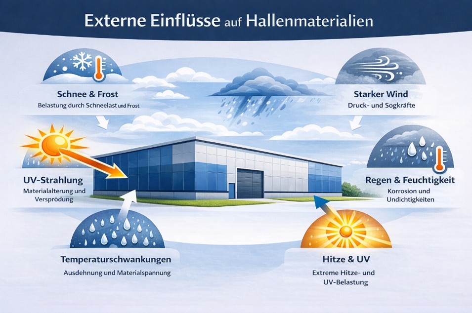 Infografik zu externen Witterungseinflüssen auf Hallenmaterialien wie Schnee, Wind, UV-Strahlung, Feuchtigkeit und Temperaturschwankungen