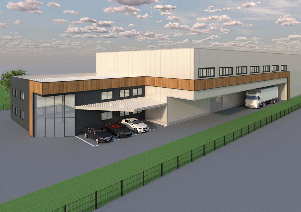 3D Visualisierung einer Bürohalle mit Bürotrakt und überdachter Ladezone